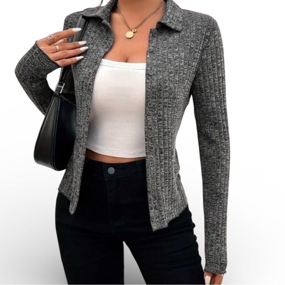 NWT! Gray Ribbed Button-Up Cardigan - Picture 2 of 3